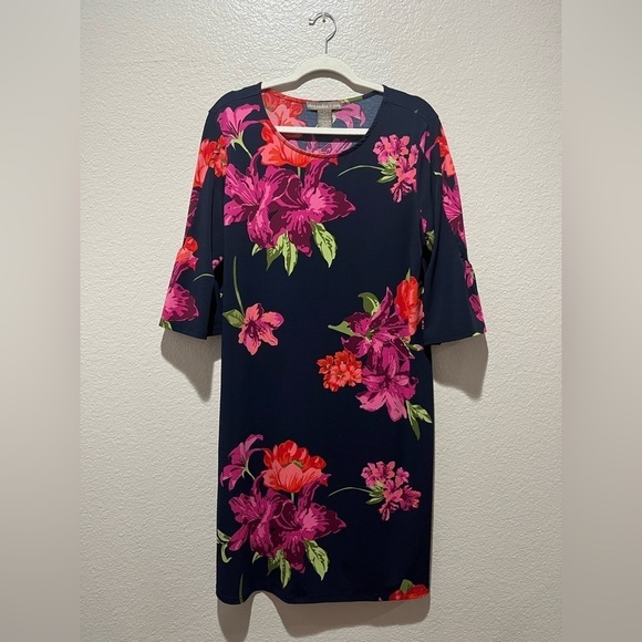 Alexandra+Oak Womens Deep Blue Floral Jersey Dress Knee Length Size XL Career - Picture 1 of 10